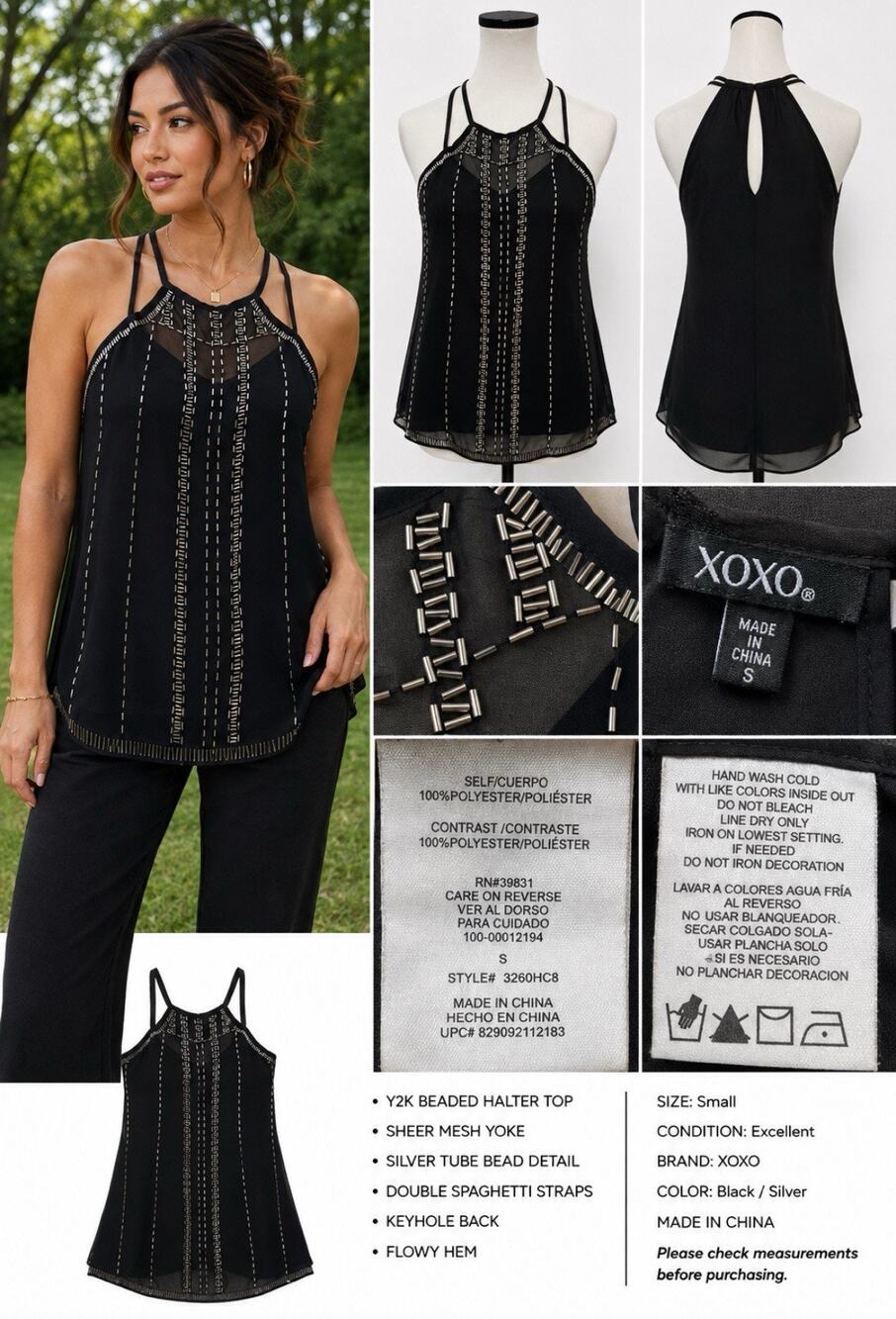 Y2K Indie Sleaze XOXO Women's Beaded Halter Top Size S Black Silver Going Out